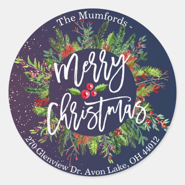 Pegatina Redonda Ferry Christmas Holly Wreath Return Address Labs (Anverso)