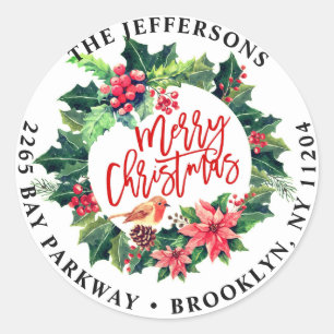 Pegatina Redonda Ferry Christmas Holly Wreath Return Address Labs