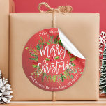 Pegatina Redonda Ferry Christmas Holly Wreath Return Address Labs<br><div class="desc">Escritura de caligrafía navideña con tipografía de tipografía con plantillas de etiquetas de dirección de devolución de flor holly. Navidades de color rojo y verde acuarela Berry botánica y Pines. Feliz feriado desea más Navidades brillantes de las colecciones de saludos navideños de la temporada.</div>