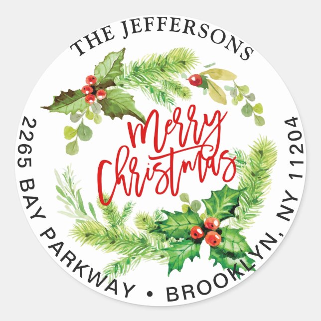 Pegatina Redonda Ferry Christmas Holly Wreath Return Address Labs (Anverso)