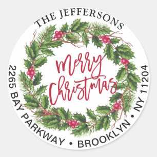 Pegatina Redonda Ferry Christmas Holly Wreath Return Address Labs