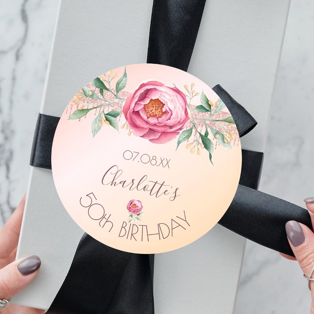 Pegatina Redonda Festejo de cumpleaños purpurina floral rosa rosa r (Subido por el creador)