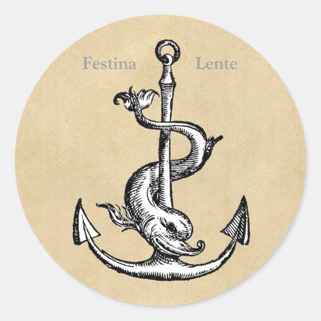 Pegatina Redonda Festina Lente Anchor y Delfín (Anverso)