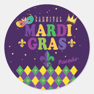 Pegatina Redonda Festival del Carnaval de Mardi Gras Fleur de Lis D