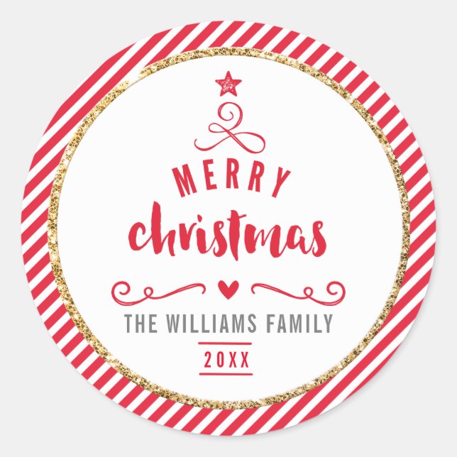 Pegatina Redonda FESTIVAL SEAL feliz navidad árbol raya roja (Anverso)