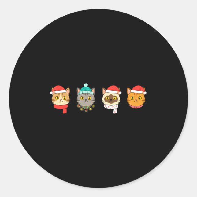 Pegatina Redonda Festive Cat Lineup, Holiday Cat Art Cat Lovers, Ca (Anverso)