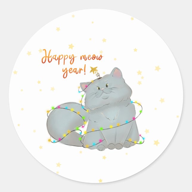Pegatina Redonda Festive Cat Sticker New Year & Christmas  (Anverso)