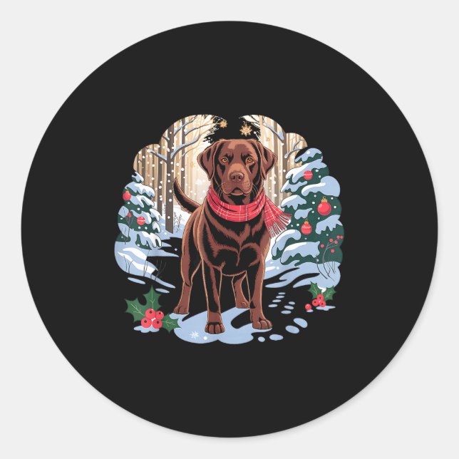 Pegatina Redonda Festive Chocolate Lab In Snowy Forest Winter Xmas  (Anverso)