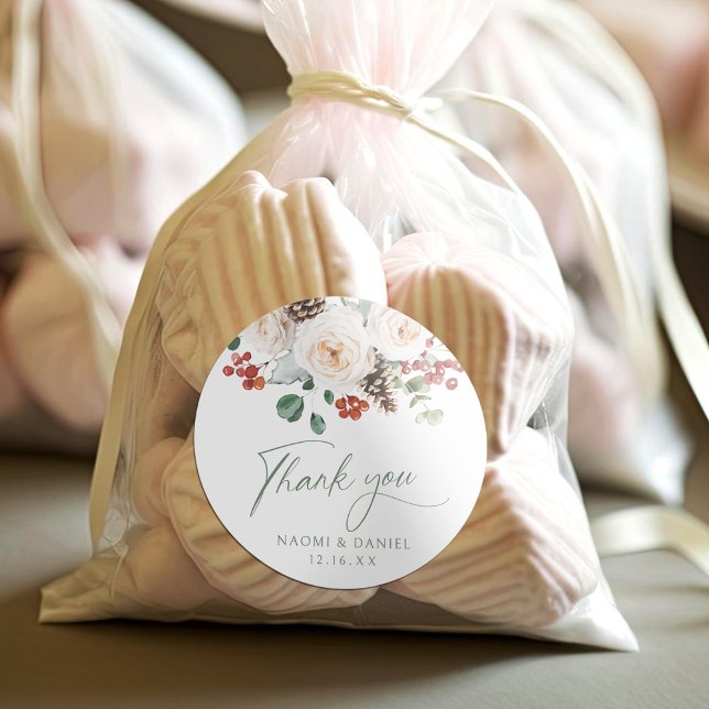 Pegatina Redonda Festive Floral Winter Wedding thank you favors (Festive Floral Winter Wedding thank you favors Classic Round Sticker)