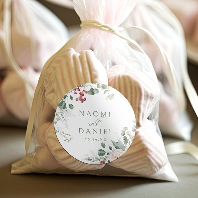 Pegatina Redonda Festive Floral Winter Wedding thank you favors (Festive Floral Winter Wedding thank you favors Classic Round Sticker)