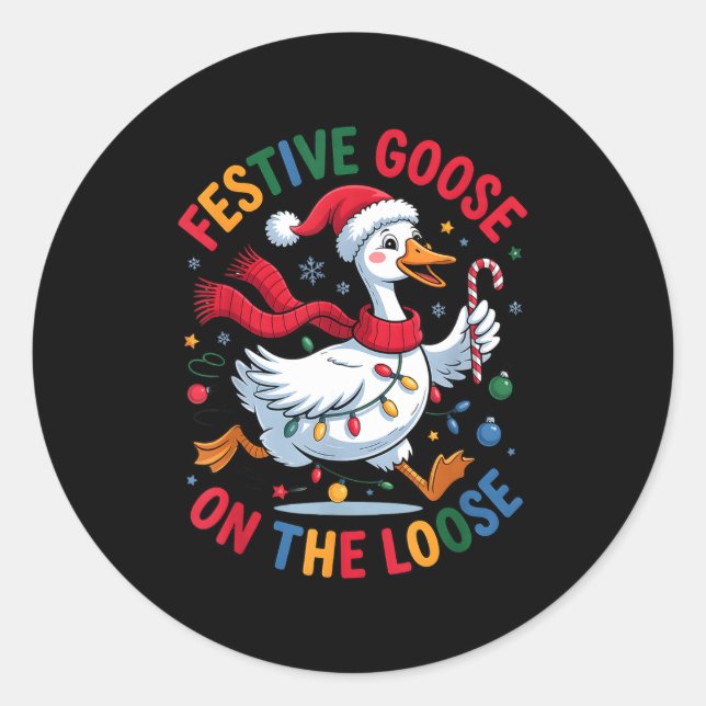 Pegatina Redonda Festive Goose On Loose Christmas Cute Holiday Wint (Anverso)