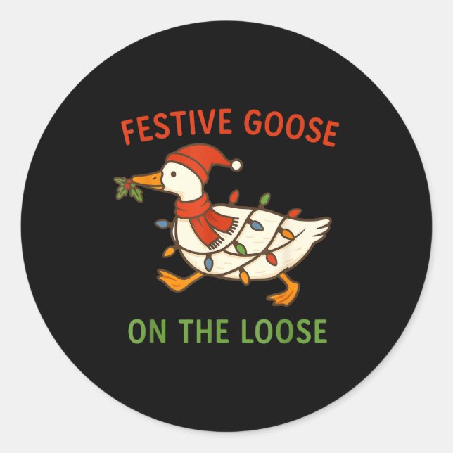 Pegatina Redonda Festive Goose On The Loose Christmas, Funny Christ (Anverso)