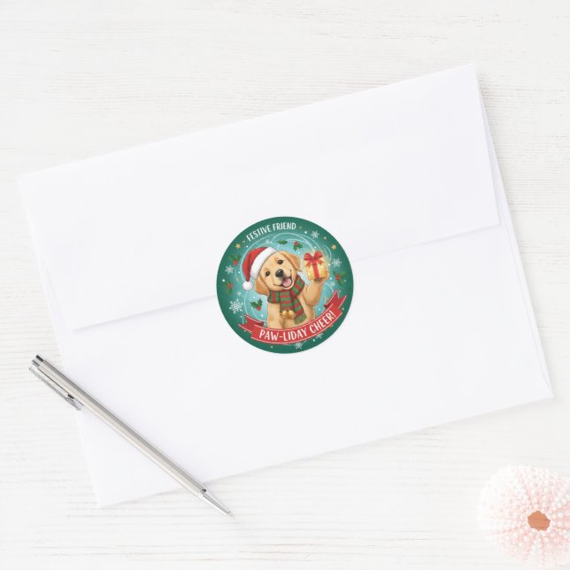 Pegatina Redonda Festive Paws & Holiday JoySticker (Sobre)