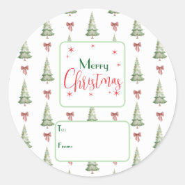 Pegatina Redonda Festive Red Green Script Tree Bow To From Sticker