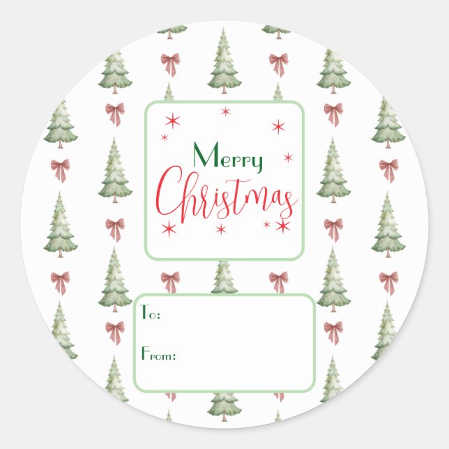 Pegatina Redonda Festive Red Green Script Tree Bow To From Sticker (Anverso)