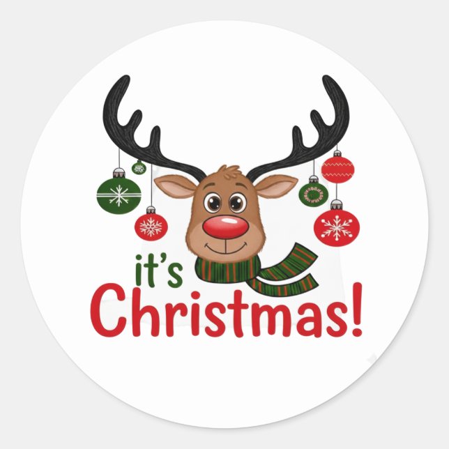 Pegatina Redonda Festive Reindeer Face Cartoon Sticker (Anverso)