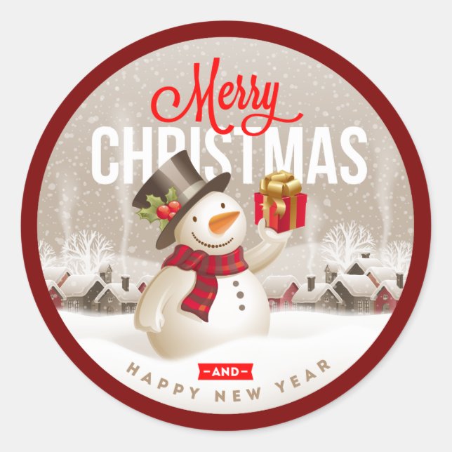 Pegatina Redonda Festive Snowman Holiday Sticker – Merry Christmas  (Anverso)
