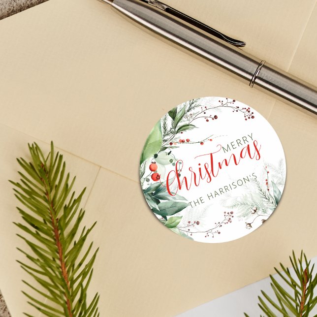 Pegatina Redonda Festive Watercolor Greenery Merry Christmas (Festive Watercolor Greenery Merry Christmas Classic Round Sticker)
