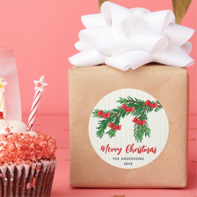 Pegatina Redonda Festive Watercolor Greenery Red Bow Christmas (Fiesta)