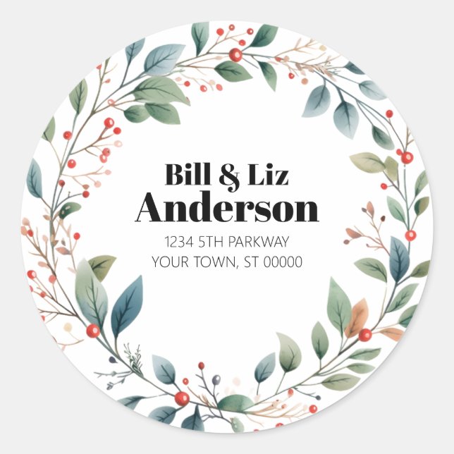 Pegatina Redonda Festive Wreath Leaves Berries Sticker (Anverso)