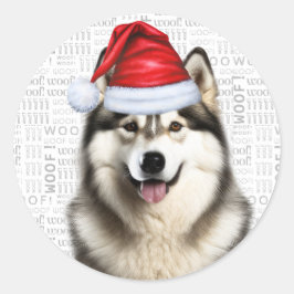 Pegatina Redonda Festividad Alaska Malamute Woof Word Art Navidades