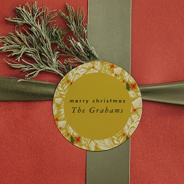 Pegatina Redonda Festividad Amarilla (Yellow Festive Botanical Holiday Classic Round Sticker)