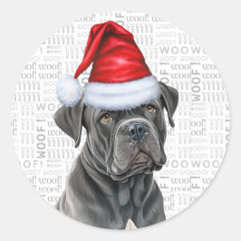 Pegatina Redonda Festividad Cane Corso Perro Woof Word Navidades de