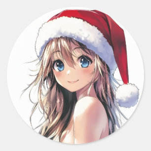 Pegatina Redonda Festividad de Chica de anime Santa Hat con ojos az