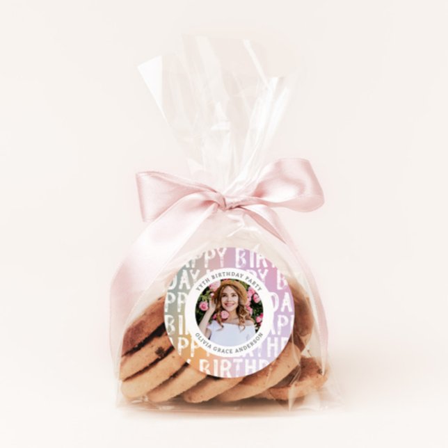 Pegatina Redonda Festividad de cumpleaños con fotos rosa y color pa (Subido por el creador)