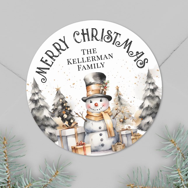 Pegatina Redonda Festividad de invierno blanco negro Feliz Navidad (Black White Festive Winter Merry Christmas Classic Round Sticker )