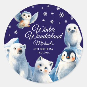 Pegatina Redonda Festividad de los animales del Ártico azul de invi