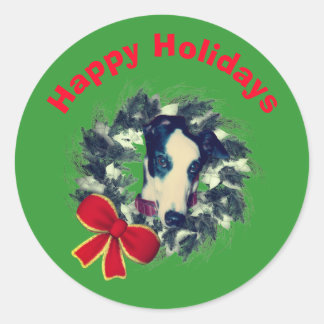 Pegatina Redonda Festividad de los Navidades de Greyhound Wreath