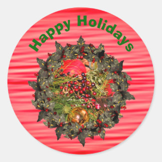 Pegatina Redonda Festividad de los Navidades de Holly Wreath Berrie