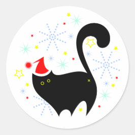 Pegatina Redonda Festividad de Navidades de Sombrero de Gato Negro