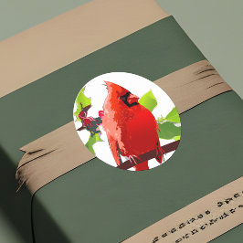 Pegatina Redonda Festividad del Cardenal Bird Winter Holly Holiday 