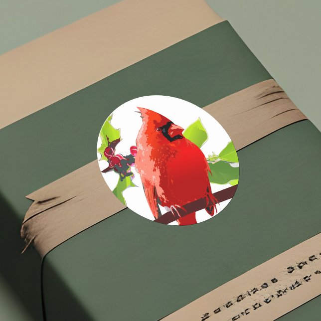 Pegatina Redonda Festividad del Cardenal Bird Winter Holly Holiday  (Holiday cardinal sticker, red Christmas bird in pop art style)