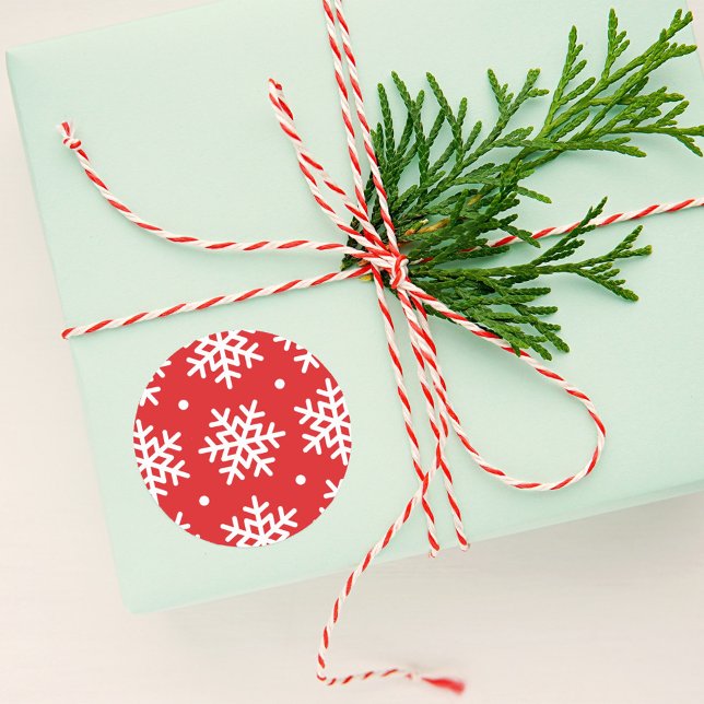 Pegatina Redonda Festividad del patrón de copos de nieve rojo y bla (Subido por el creador)