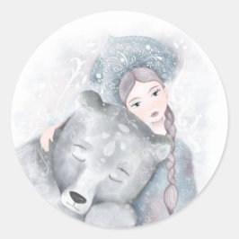 Pegatina Redonda Festividad encantadora de oso y chica