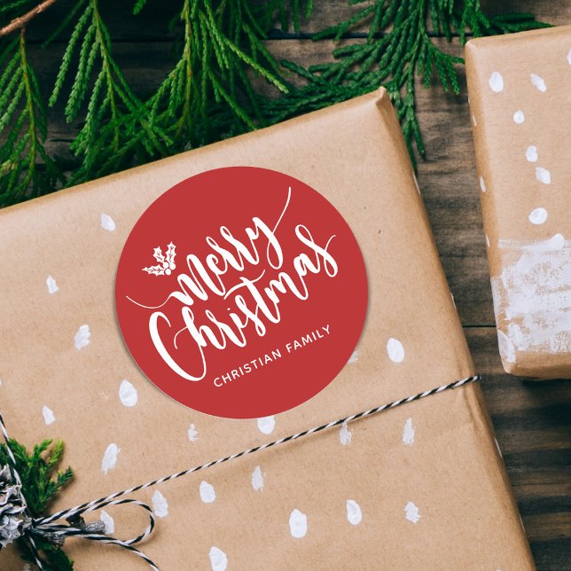 Pegatina Redonda Festividad Feliz Navidad Personalizada Rojo (Festive Merry Christmas Personalized Red Classic Round Sticker)