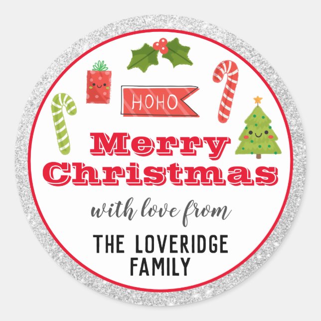 Pegatina Redonda Festividad Feliz Navidad Purpurina de Plata Roja (Anverso)