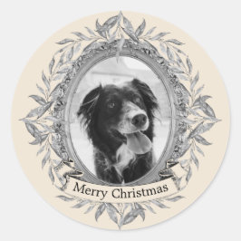 Pegatina Redonda Festividad festividad de hojas de gris plateado Fo