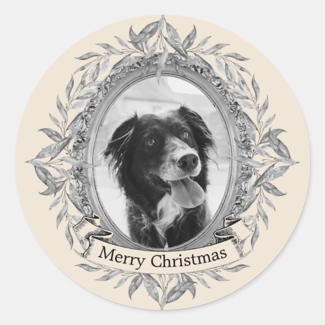 Pegatina Redonda Festividad festividad de hojas de gris plateado Fo (Anverso)