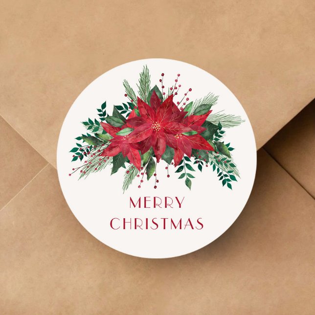 Pegatina Redonda Festividad Floral Rojo Poinsettia Feliz Navidad (Festive Floral Red Poinsettia Merry Christmas Classic Round Sticker)