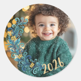 Pegatina Redonda Festividad Navidades de fotografía con fecha verde