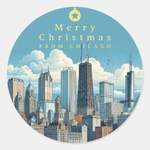 Pegatina Redonda Festividad navideña Chicago Skyline