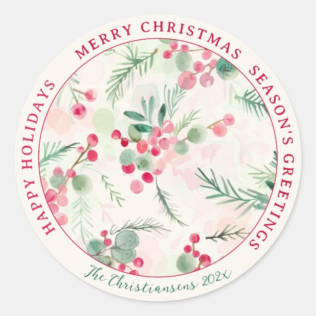 Pegatina Redonda Festividad navideña de Pink Berries (Anverso)