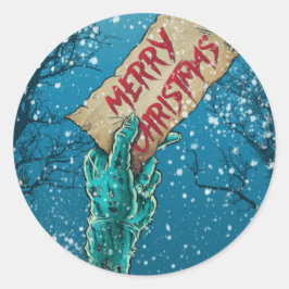 Pegatina Redonda Festividad navideña de zombi Merry