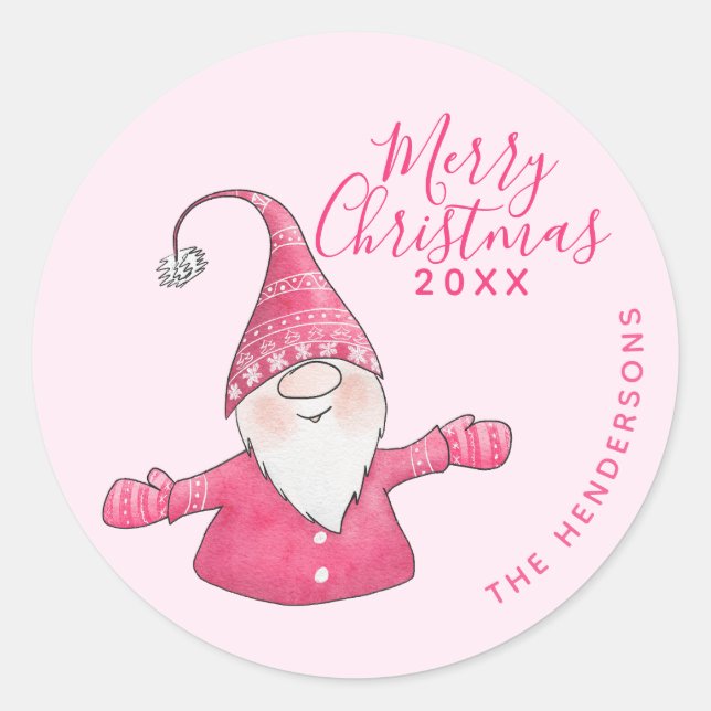Pegatina Redonda Festividad Personalizado de Gnome Rosa Cute Gnome  (Anverso)