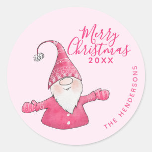Pegatina Redonda Festividad Personalizado de Gnome Rosa Cute Gnome 