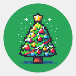 Pegatina Redonda Festividad Pixelada: Diseño de árbol de Navidad de
